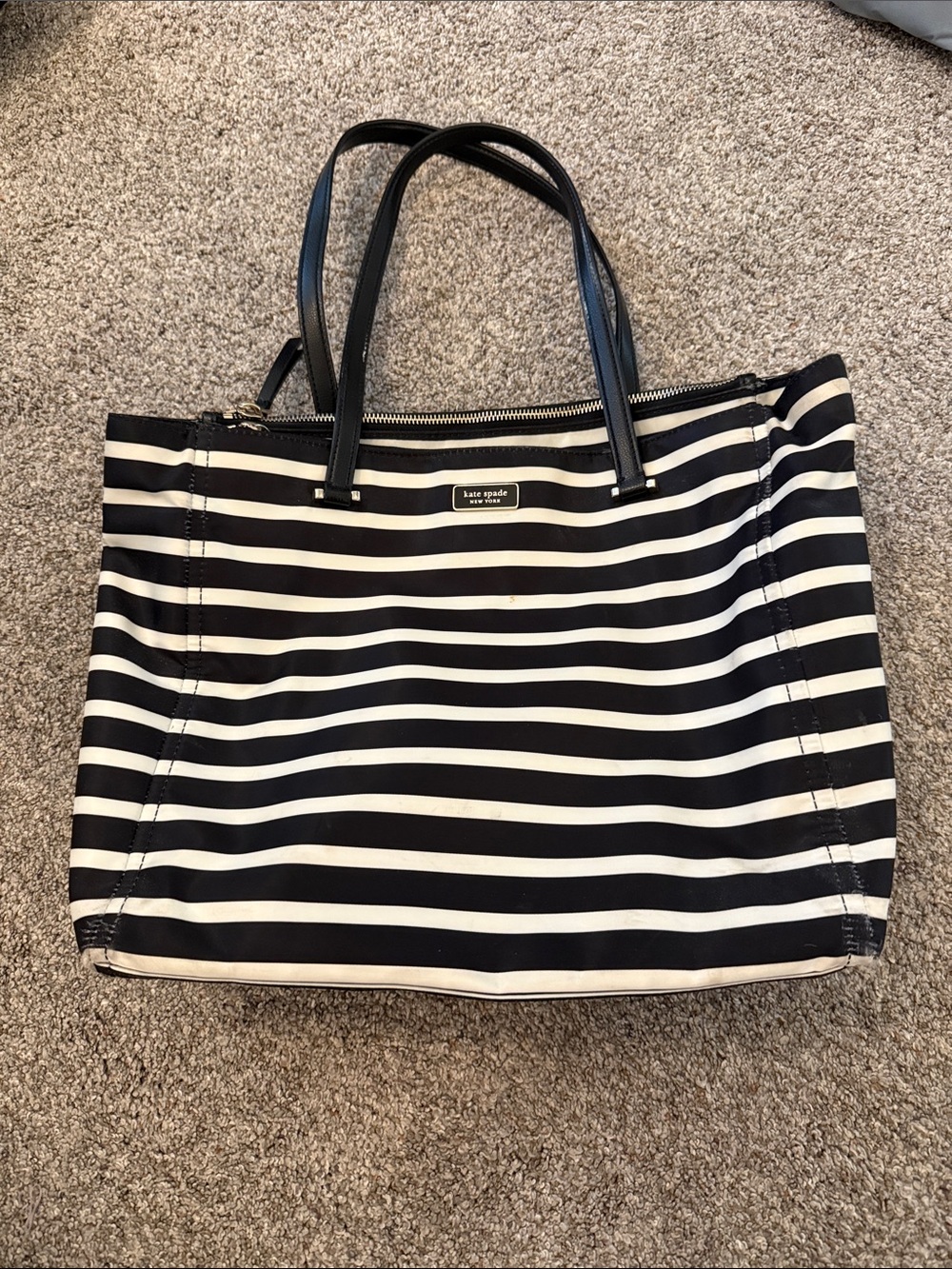 kate spade Black and White Striped large Tote bag nylon with Leather Handles
